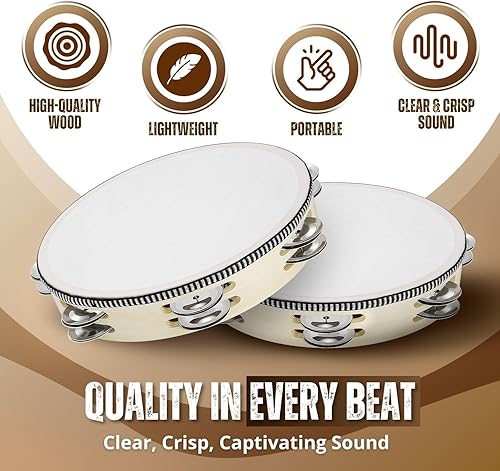 Miniatura 37 de Flexzion Pandereta redonda de madera para niños y adultos de 10 pulgadas de una sola fila, 8 pares de jingles, instrumento de percusión de mano rojo