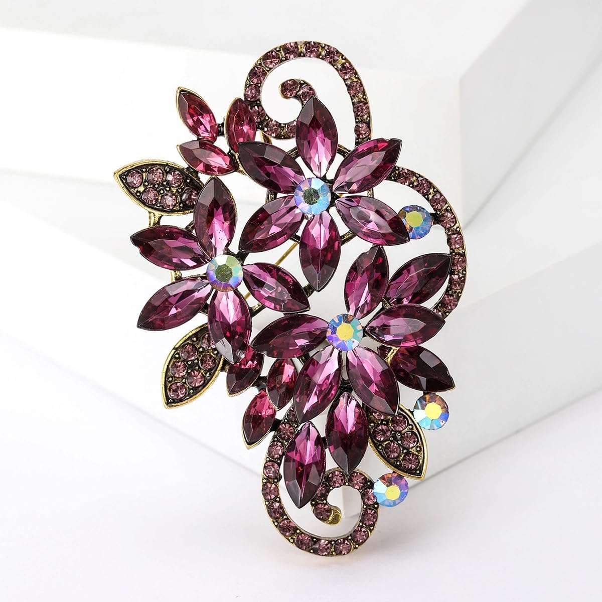 YOQUCOL Vintage Red Austrian Crystal Rhinestone Flower Shape Brooch Pin for Women - Image 4