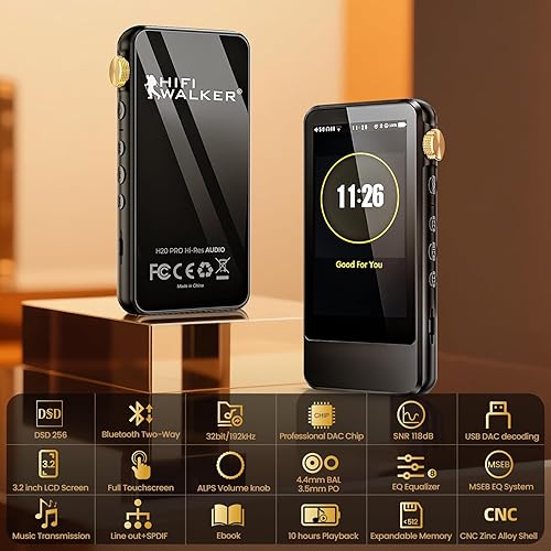 Miniatura 8 de HIFI WALKER Reproductor MP3 de alta resolución H20 Pro con Bluetooth, DAC dual, pantalla táctil de 3.2 pulgadas, DSD25632bit 192kHz, aptXLDAC,