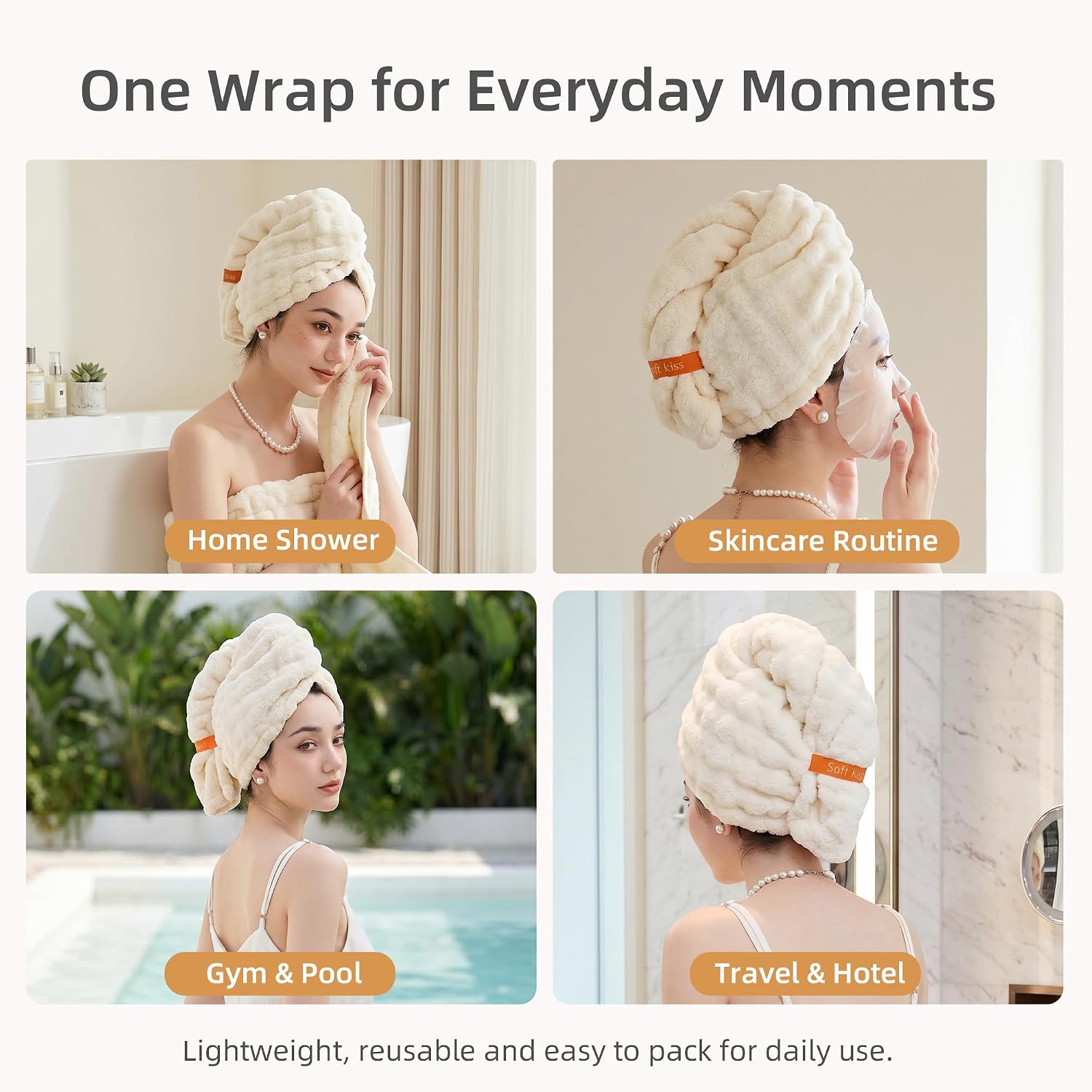 softrain 2 Pack Microfiber Hair Towel Wraps, Quick Dry Absorbent Hair Turban Towels with Button Loop, Soft Waffle Hair Wrap for Wet Hair, Shower, Spa, Gym & Travel, Cedar Grey & Creamy Rice