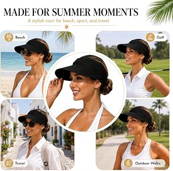 Women's UPF 50+ UV Protection Sun Visor Hat, Wide Brim UV Protection Hat, Lightweight Foldable Ponytail Beach Cap