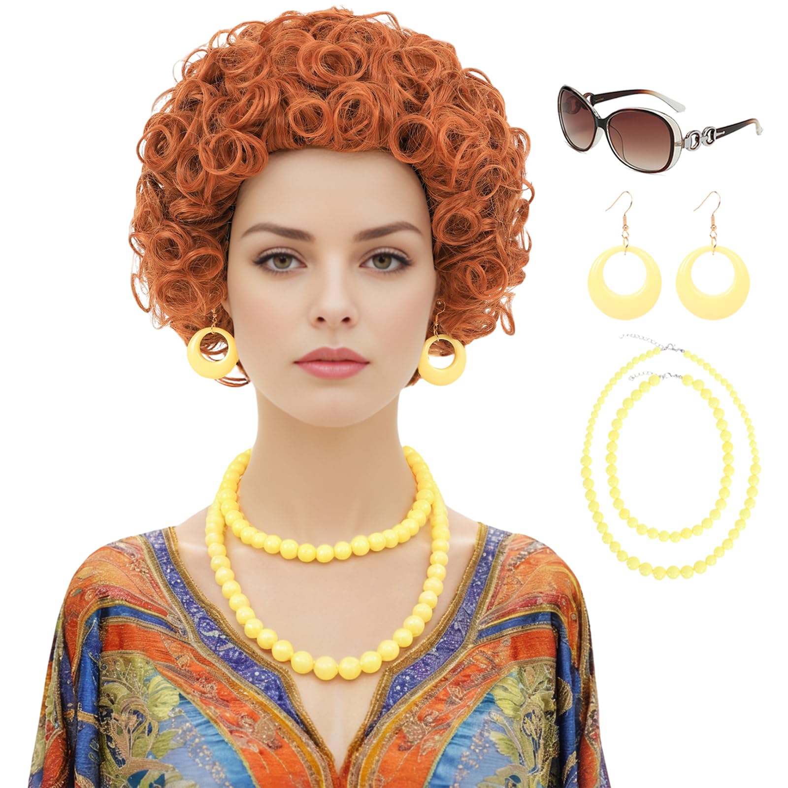 Red Orange Curly Wig for Women Costume Short Reddish Orange Fluffy Synthetic Hair Wigs with Yellow Beads Necklace, Earrings, Glasses for Adults Women’s Cosplay Halloween Party