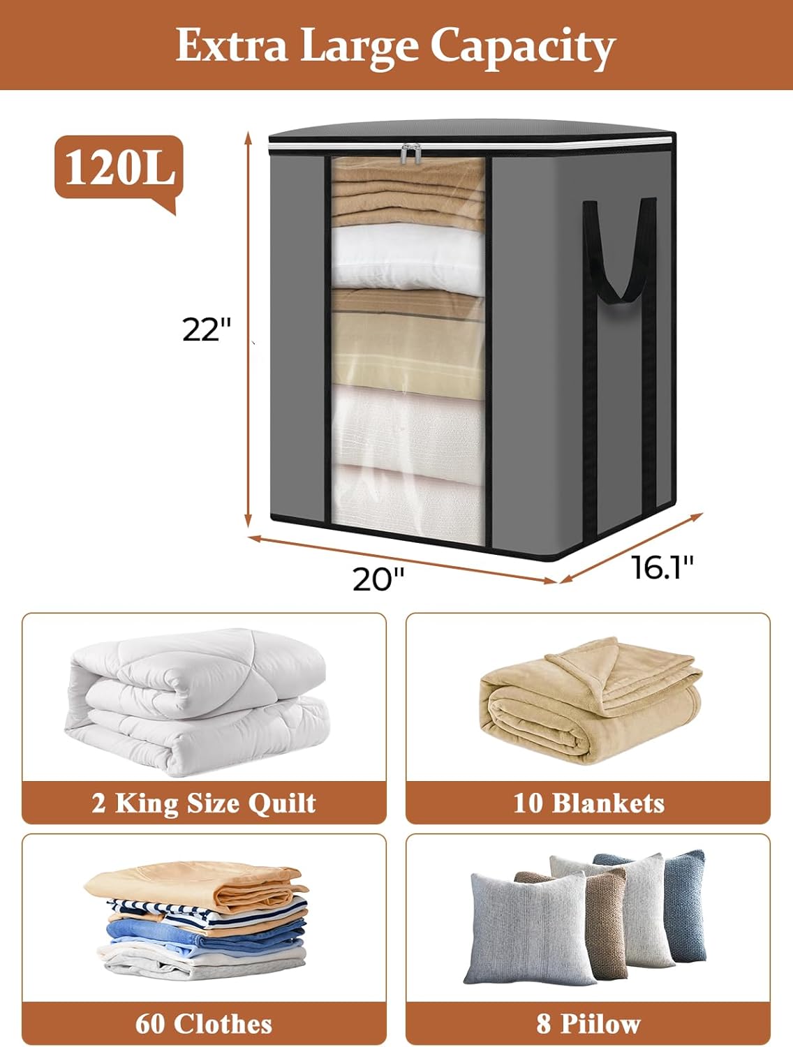 punemi 120L Blanket Storage Bags, Foldable Clothes Storage Organizer with Zipper, Reinforced Handle & Clear windows, Large Storage Bags for Blanket, Comforter, Bedding, Pillow, Clothes, 3Pack, Gray - Image 6