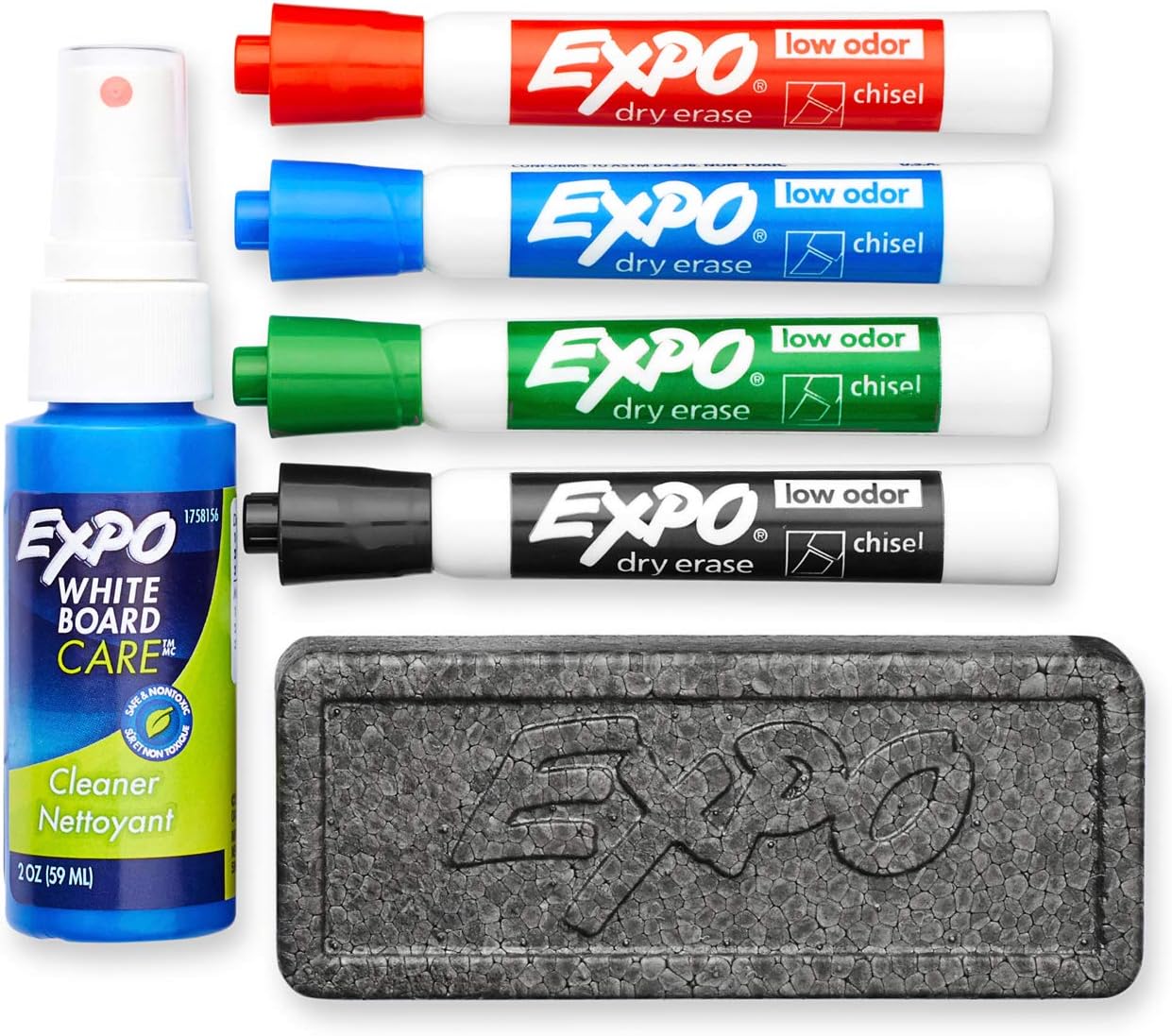 Low Odor Dry Erase Marker Set with White Board Eraser and Cleaner | Chisel Tip Dry Erase Markers | Assorted Colors, 4-Ct with Cleaner + Eraser : Office Products