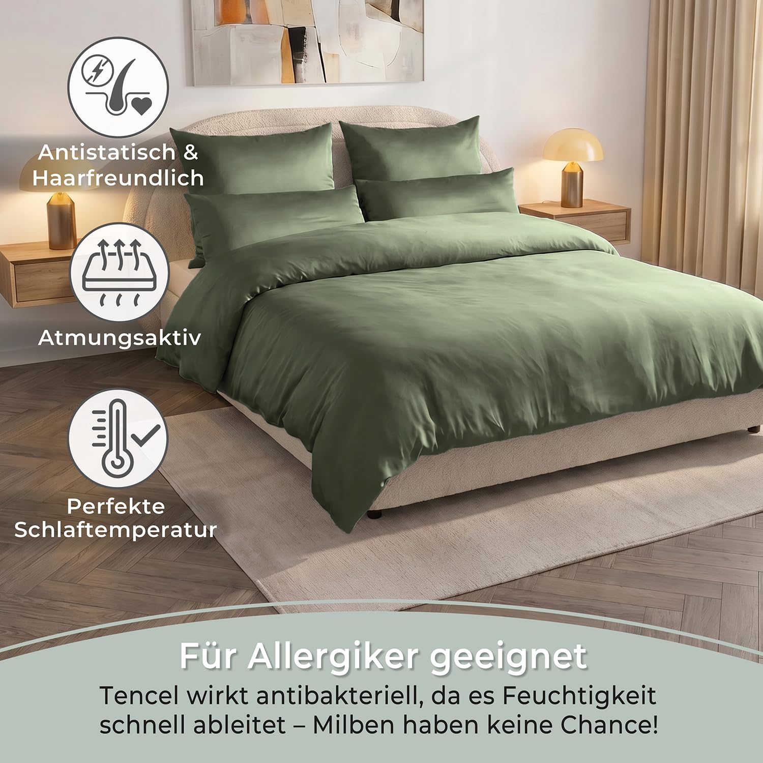 LAYNENBURG Pościel premium Lyocell 135 x 200 + poszewki na poduszki 80 x 80 cm – 100% lyocell Tencel z m.in. eukaliptusa – Öko-Tex 100 – chłodząca pościel letnia z zamkiem błyskawicznym (ciemnozielona