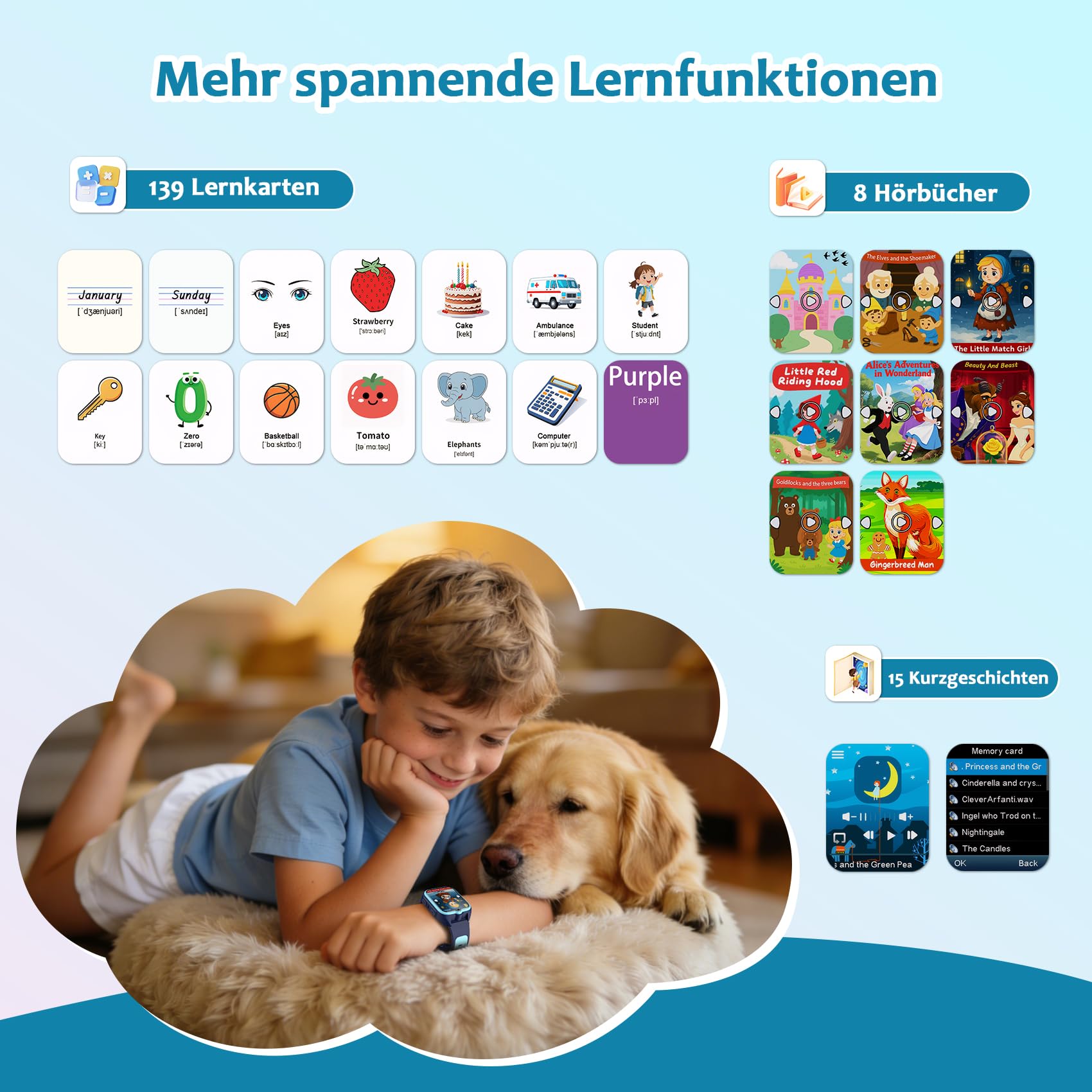 Blackview Smartwatch Kinder, 1,75'' TFT-Touchscreen, 800mAh Akku, langer Akkulaufzeit, integrierte Lernspiele, Lernkarten,Hörbücher, Kurzgeschichten, Wecker, Schrittzähler, Kinderuhr für Junge/Mädchen