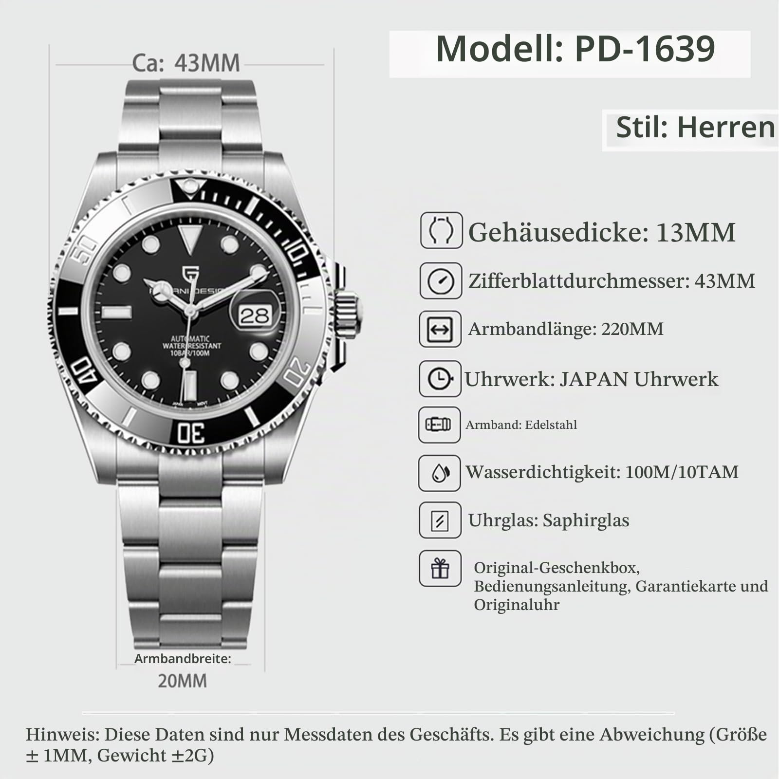 Pagani Design Herrenuhr Automatikuhr Keramiklünette Saphirglas Analog 100M Wasserdicht Herrenuhr Kalender Taucheruhr Edelstahluhr