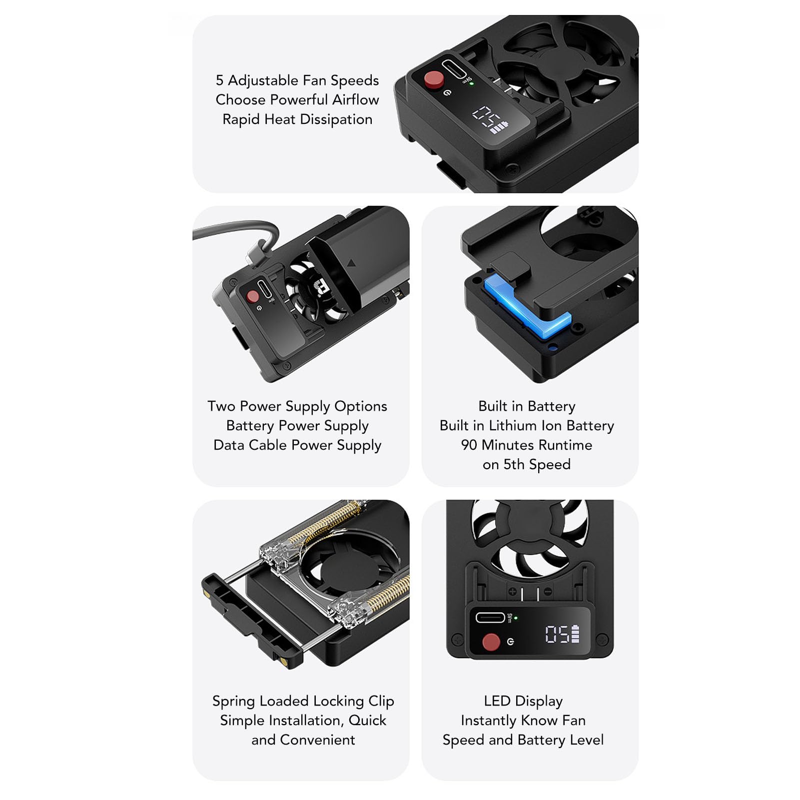 Topiky Ventola di Raffreddamento della Fotocamera per RP A7M4 A7C ZVE10 FX30 R5, di Ventola di Raffreddamento Esterna a 5 velocità con Batteria da 350 MAh e Ricarica di Tipo C