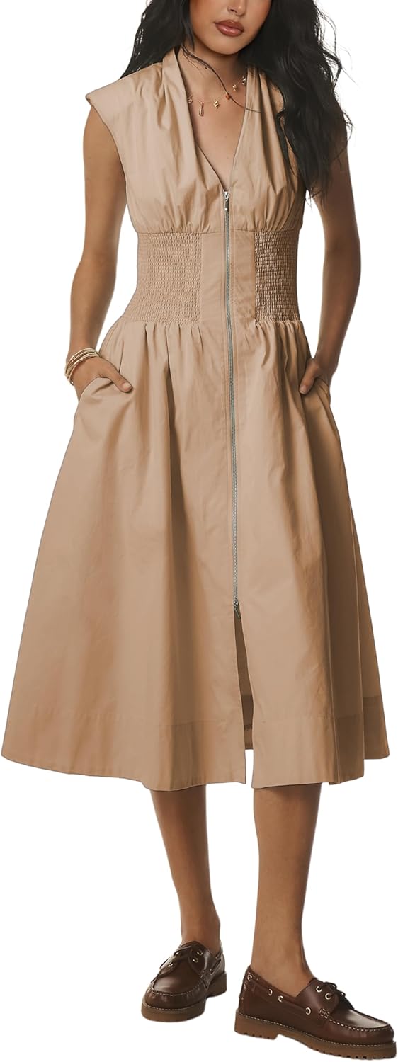 Tomosc Women Sleeveless Midi Dress Summer Casual V Neck Zip Front Smocked Shirt Dress with Pockets (17W-LightKhaki-M)