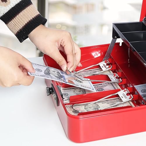 Vista 54 de Jssmst - Caja grande de seguridad para dinero con bandeja; caja con cerradura para dinero con cable de seguridad y cerradura de llave, de metal