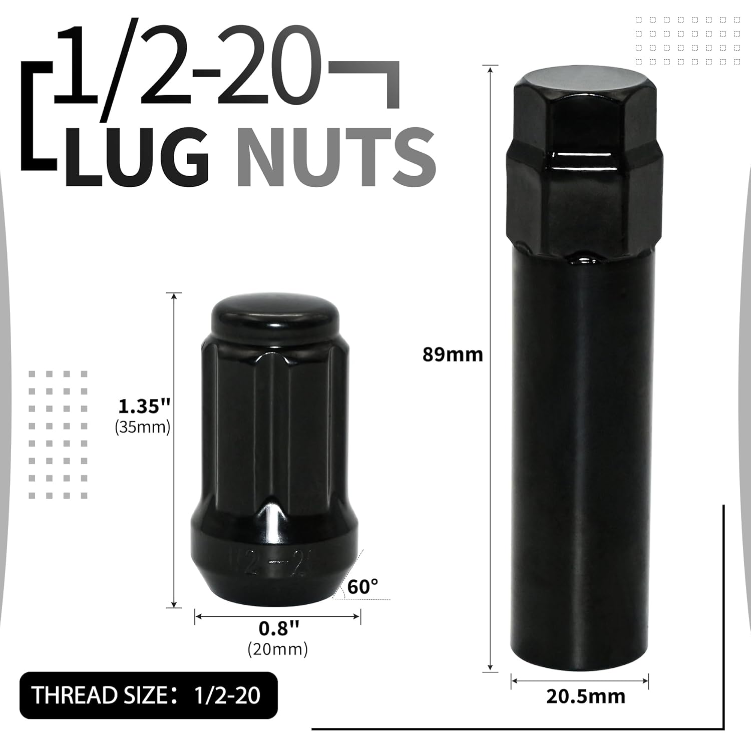20 PCS 1/2-20 Black Lug Nuts, 1.35" Tall Hex Trailer Lug Nuts, 60 Degree Conical Cone Seat with Socket Key, Wheel Lugnuts Compatible with Jeep Cherokee 1984-2001, Jeep Wrangler JK 1987-2018