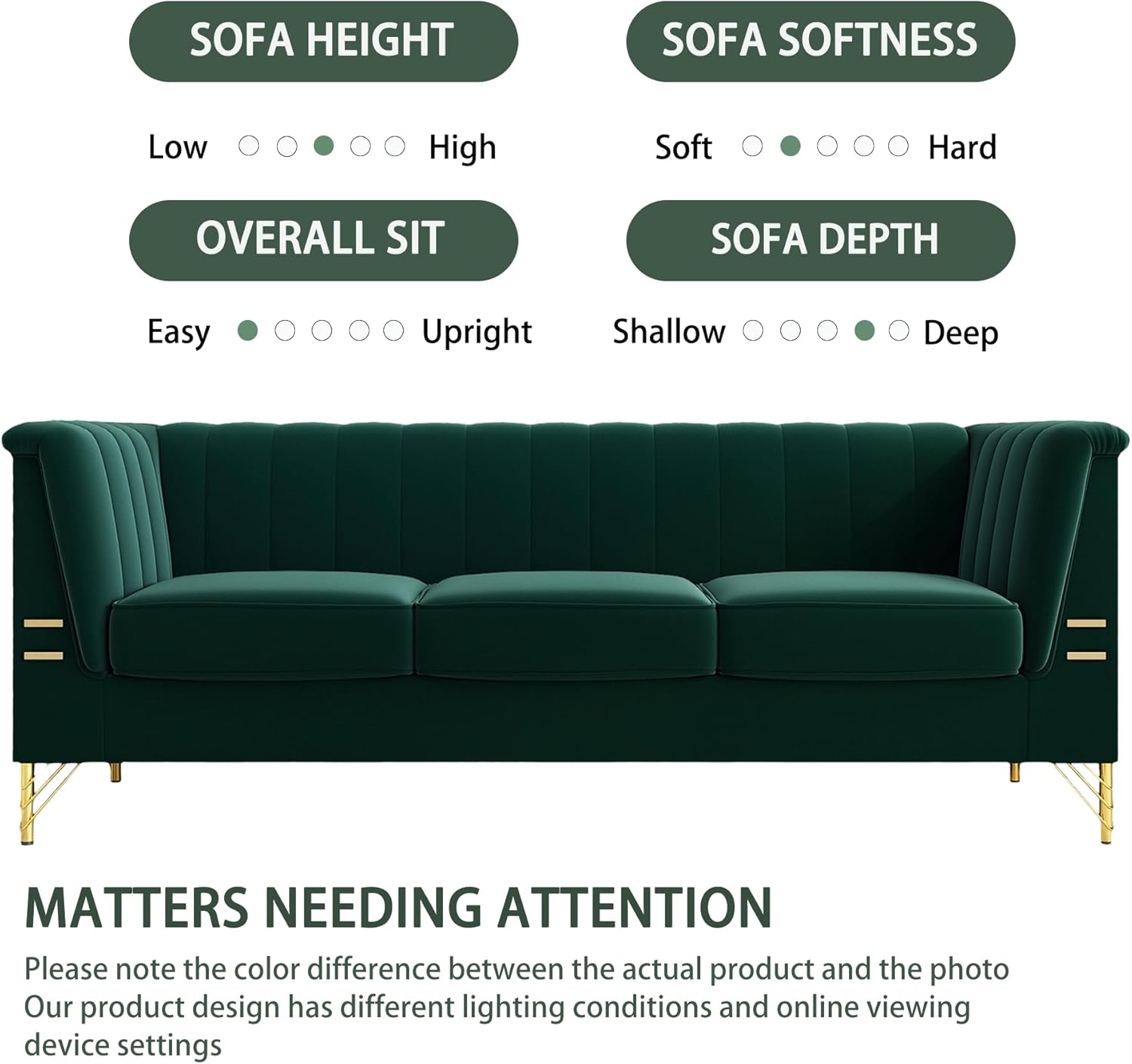 84 in 3-Seat Couch Velvet Couches, Mid Century Modern Sofa Love Seats with Solid Wood Frame Gold Sofas Legs, Velvet Sofa Comfy Couch for Large Living Room Space（81-Green）