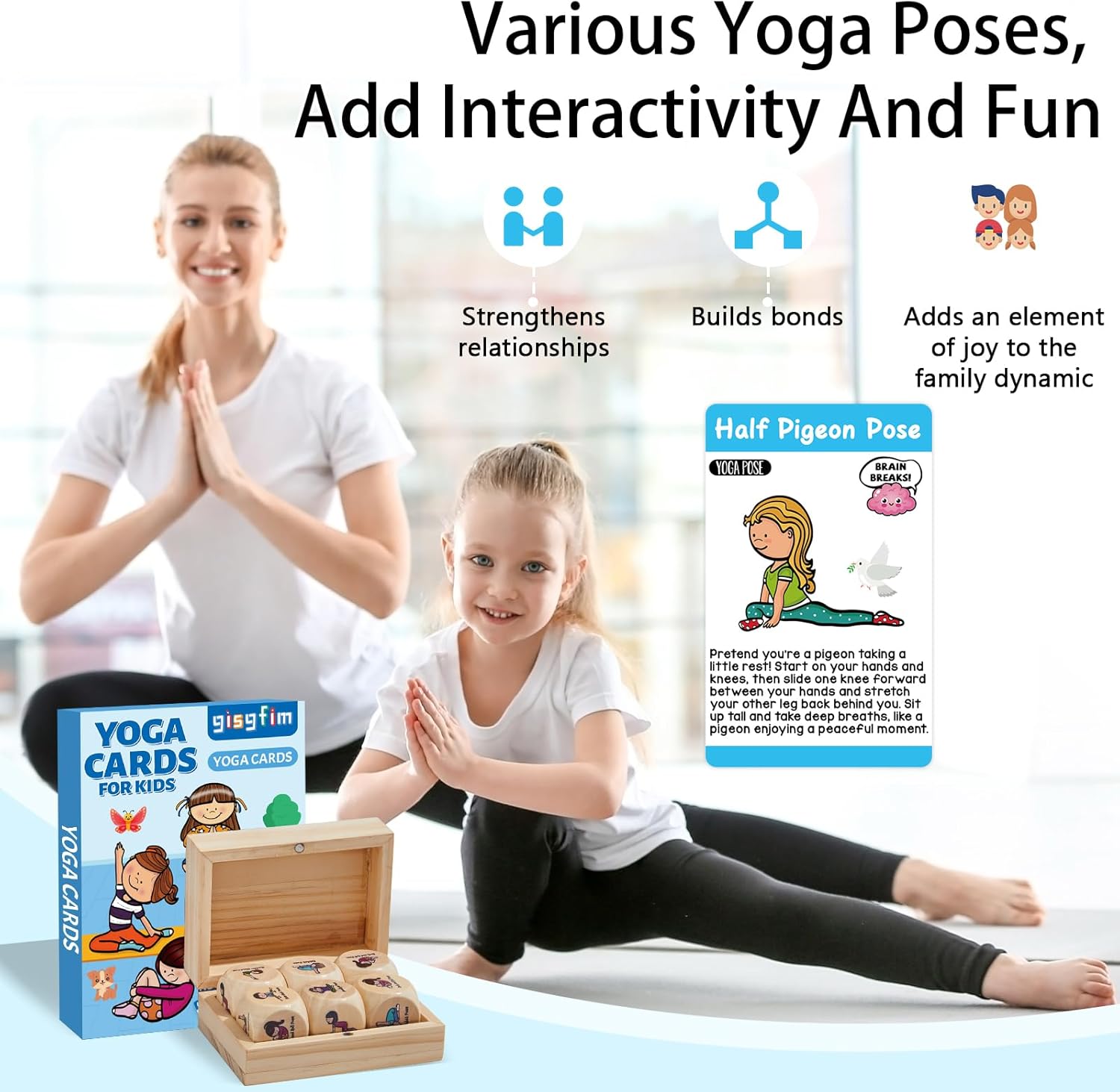 gisgfim Wooden Yoga Dice Set with 30 Yoga Card 6 Exercise Dice Workout Positions Flash Cards for Home Gym Use Beginner Advanced Learner Gift Educational Activity Promotes Mindfulness Relaxing