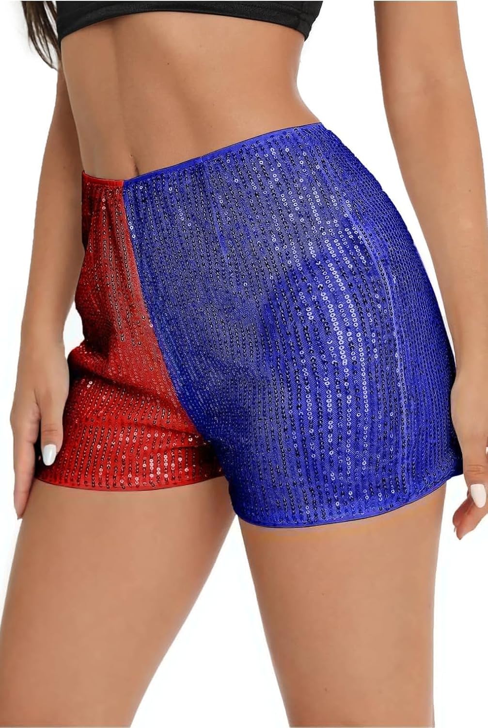 Sequin Shorts for Women, High Waisted Elastic Straight Leg Hot Pants, Party Concert Glitter Sparkle Rave Shorts