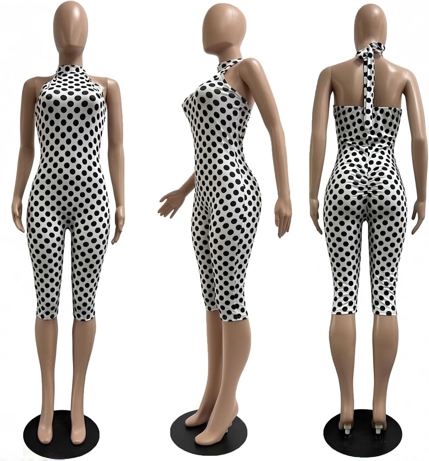 Women Sexy Jumpsuit Polka Dot Print Halter Neck Backless Back Cross Bodycon Rompers Date Night Club Outfits