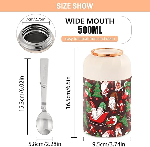 Miniatura 3 de MCHIVER Christmas Gnomes Trees Cute Food Jar with Spoon Stainless Steel Vacuum Insulated Food Container 17 oz Food Flask for Lunch