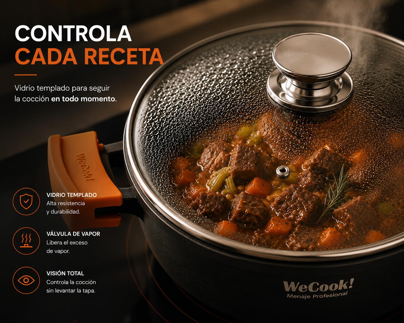 WECOOK! Ecochef Casserole Profonde, Induction, Couvercle en Verre 24cm, Antiadhésive QUANTANIUM Écologique sans PFOA, Fonte d'Aluminium, Épaisseur 5mm, Poignées en Silicone, Vitrocéramique, Four