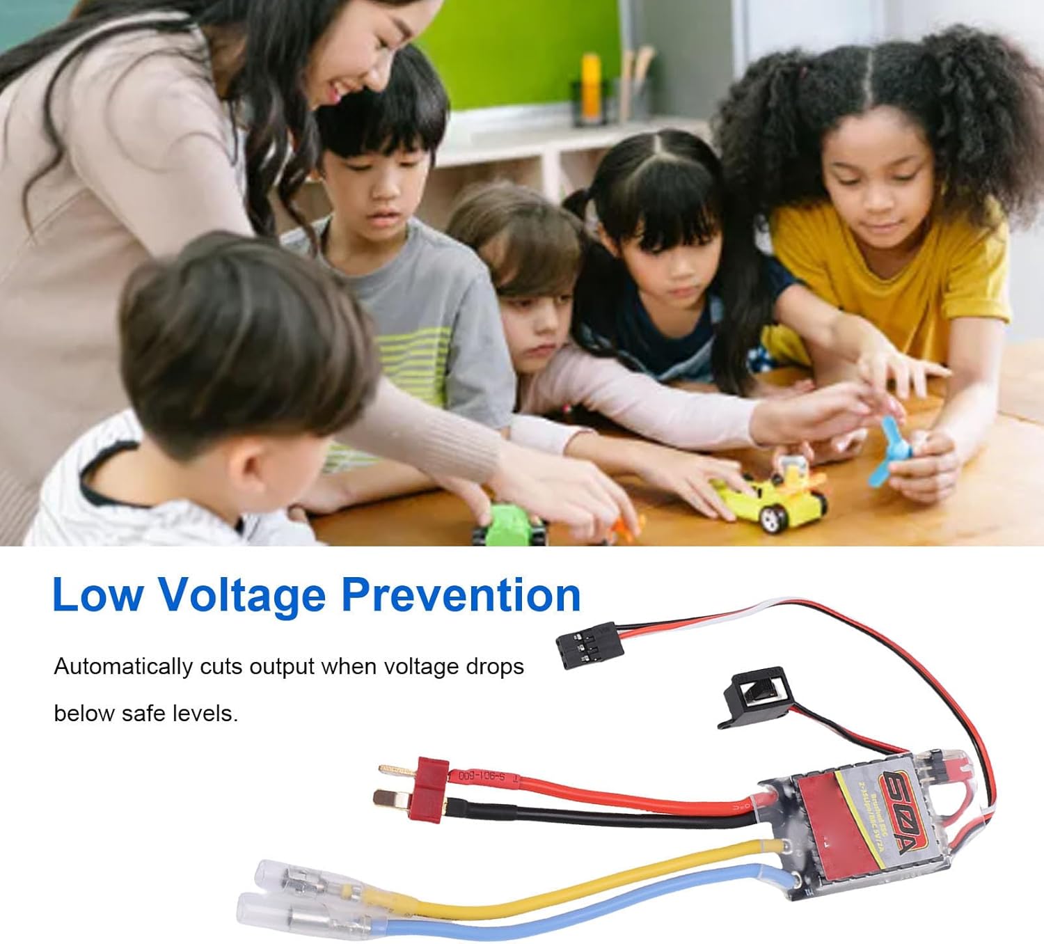 Keenso 60A Brushed ESC with a graphic illustrating low voltage prevention