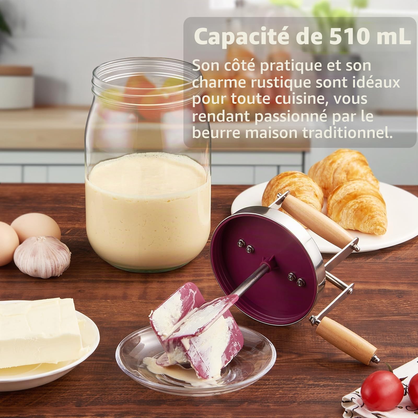 Tonneau à beurre en verre avec manivelle, 1,5 l, pour faire du beurre avec poignée en bois, engrenage en acier inoxydable, pour faire soi-même du beurre aux herbes, du beurre à l'ail (jeu de 1,5 l)