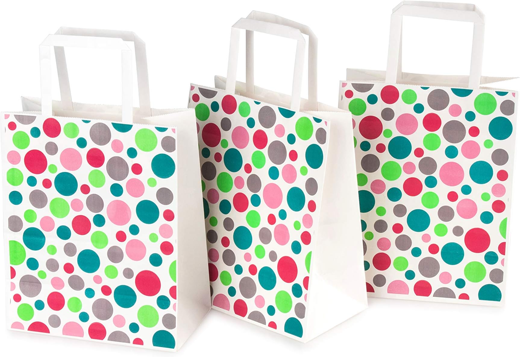 OSpecks Fun Paper Party Favor Bags Bulk with Colorful Bright Pink Blue Green Red Dots, Kraft Paper Gift Bags with Handles for Kids Birthday Treats, Goodies, Snacks, Qty 50 Pcs, Medium 8x4.75x10 Inches