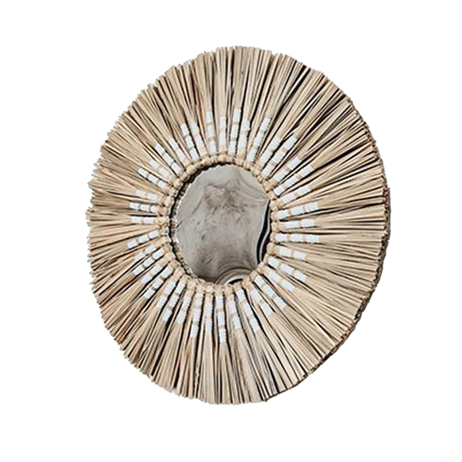 Espejo redondo de cuerda de paja, espejo de pared redondo decorativo, cuerda de paja y detalles de cuentas de madera para decoración del hogar, 40 x 40 cm