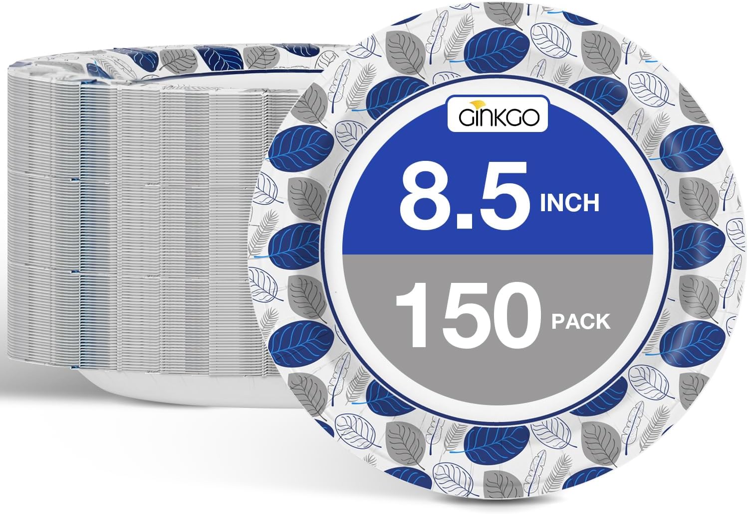 Ginkgo Paper Plates 8.5 Inch Bulk 150 Count, Heavy Duty Medium Disposable Dessert Plates,Microwave Safe, Soak Proof, Cut Resistant, for Party, Holiday, Travel, Picnic and Everyday