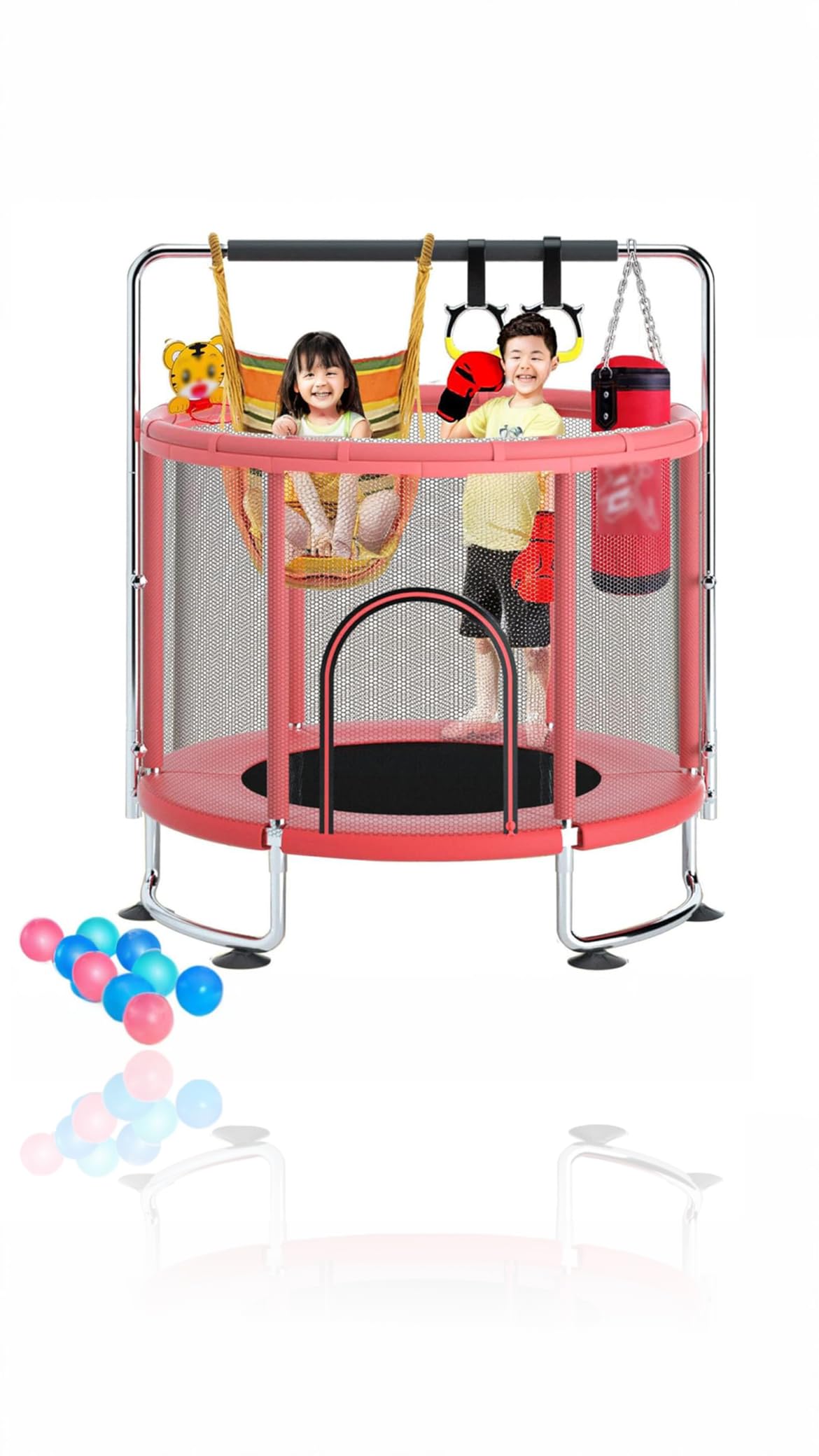 Sweet seven Kid Trampoline (120cm) - Safe Bouncing Fun with 360° Handrail, Protective Net, Stable U Leg - Ideal Children's Birthday Gift 1.2m diameter circular horizontal bar, swing, sandbag - Red