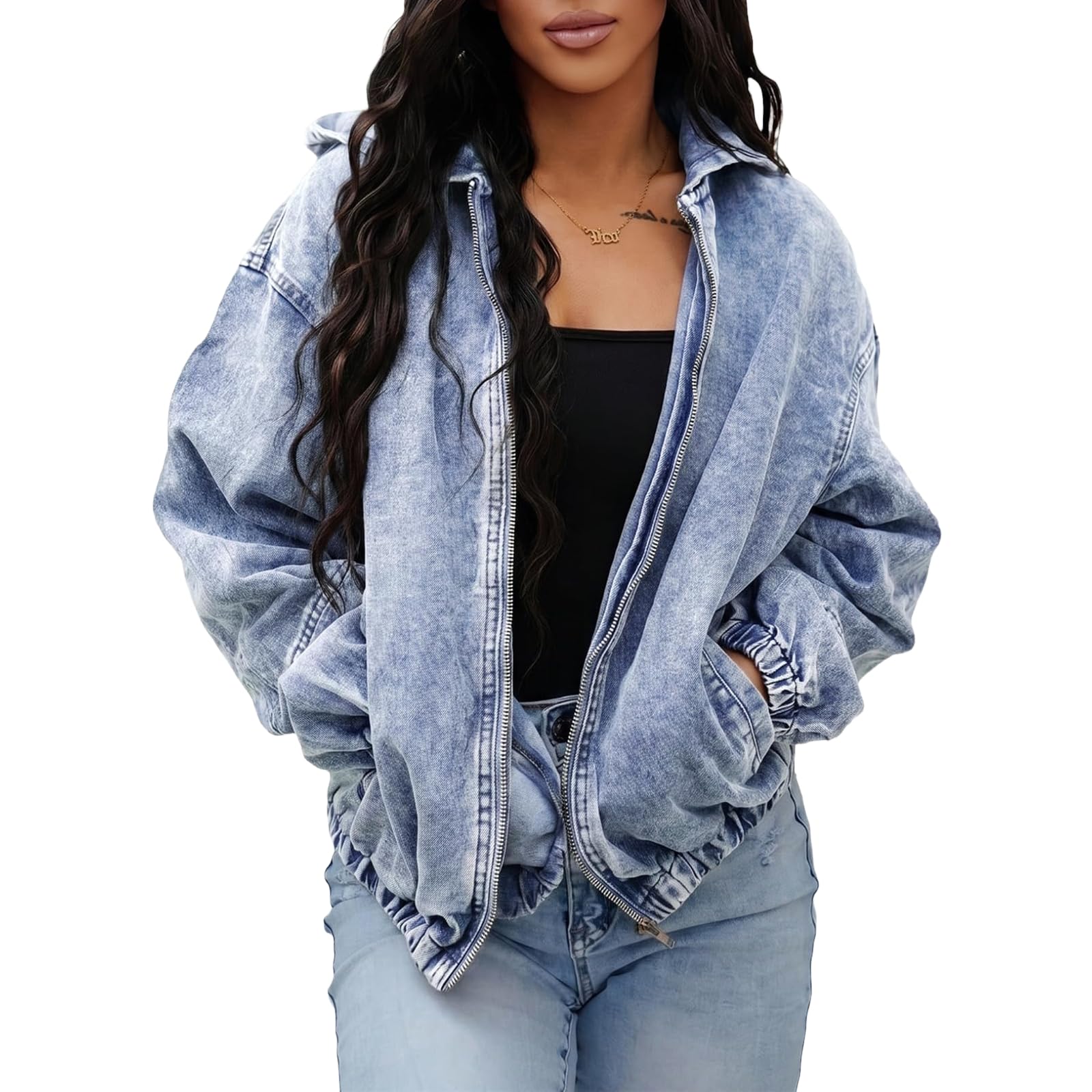 Generisch Jeansjacke Damen Vintage Übergangsjacke Denim Jacket Mit Kapuze