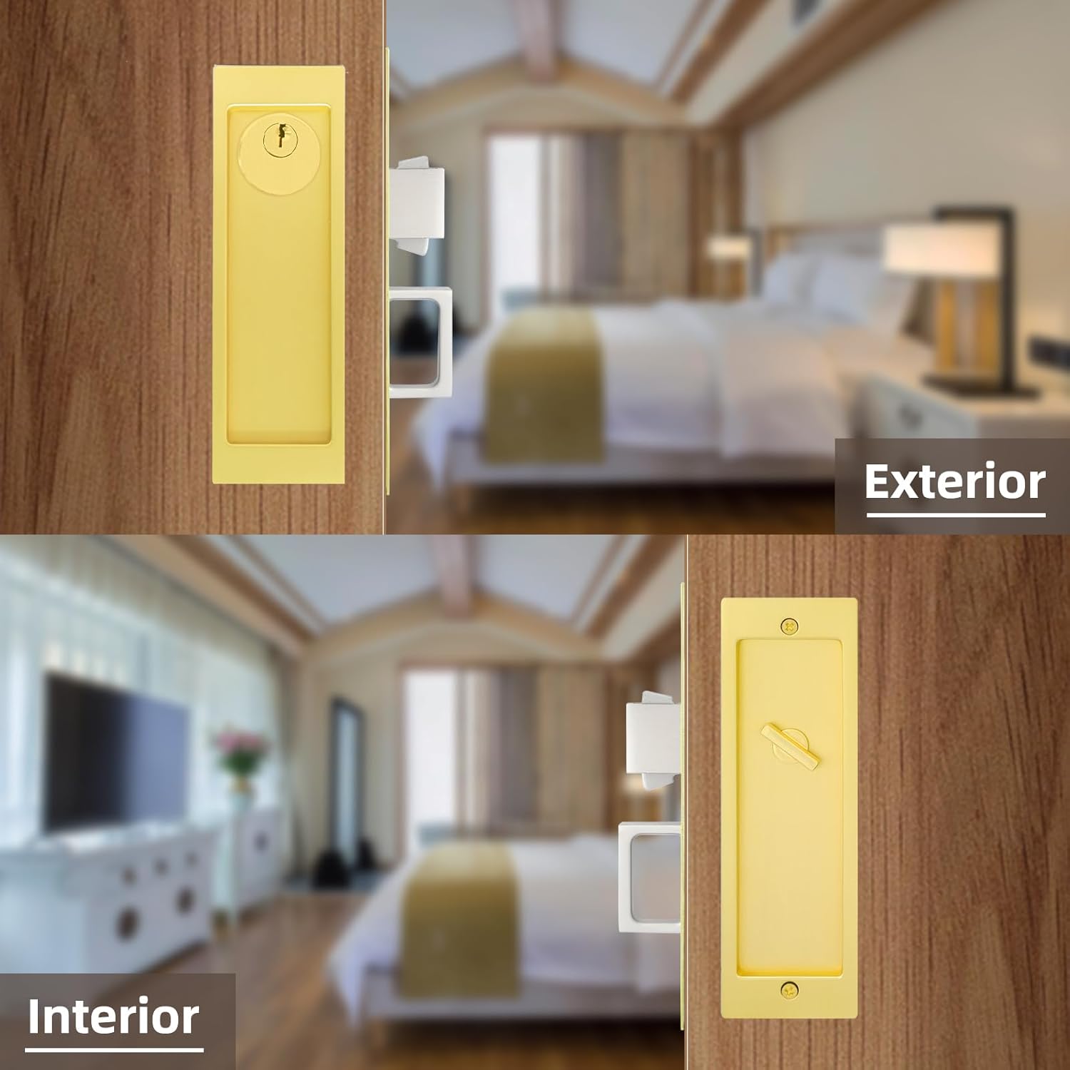 Pocket Door Lock,Modern Rectangular Pocket Door Hardware, Finger Flush Pulls with Edge Pull for Pocket Doors, Sliding Doors,Folding Doors etc (Gold, Keyed Lock)