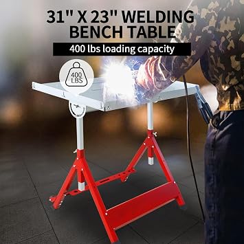 Mobile Adjustable Welding Table 31 x 23, Heavy Duty Steel Welding Workbench Table on Wheels, Portable Work Bench with Braking Casters
