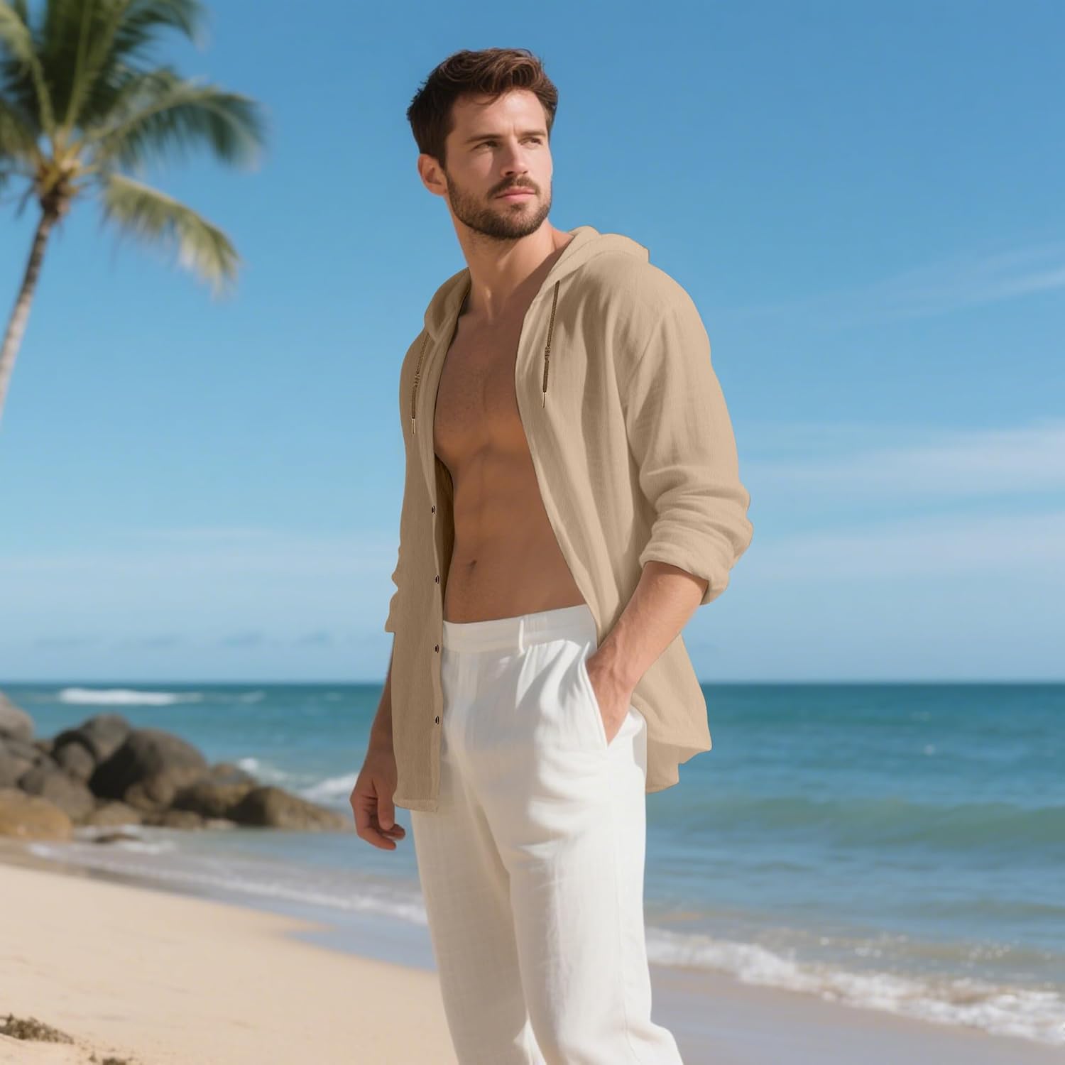 Mens Cotton Linen Hoodies Lightweight Long Sleeve Button Down Shirts Casual Hawaiian Beach Yoga Tops Sweatshirts - Image 3