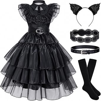 MGparty Girls Black Costume Halloween Cosplay Dress with Headband Belt Socks for Kids