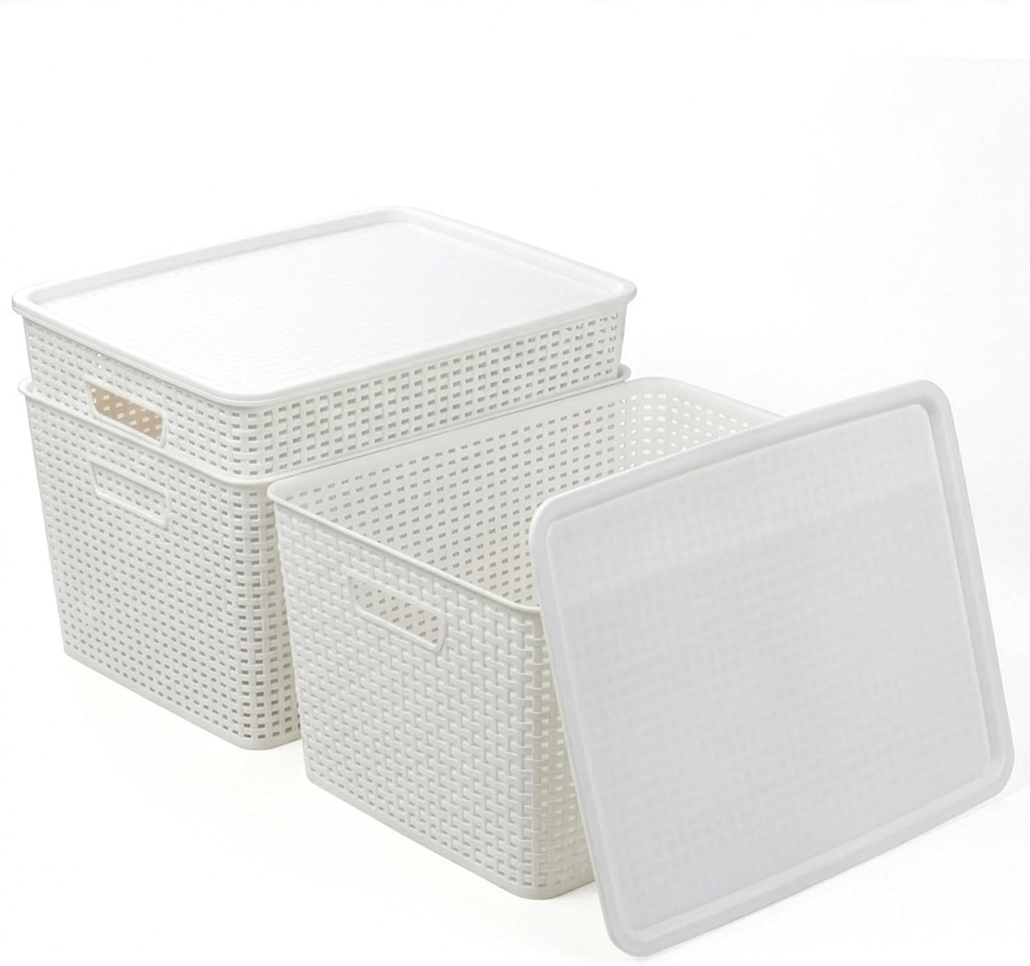 BINO | Plastic Storage Baskets with Lids, 33 Liter - 3 Pack, White | THE WOVEN COLLECTION | Storage Basket for Shelves | Woven Storage Baskets for Organizing Bins Pantry Shelf Organizer Container Bin