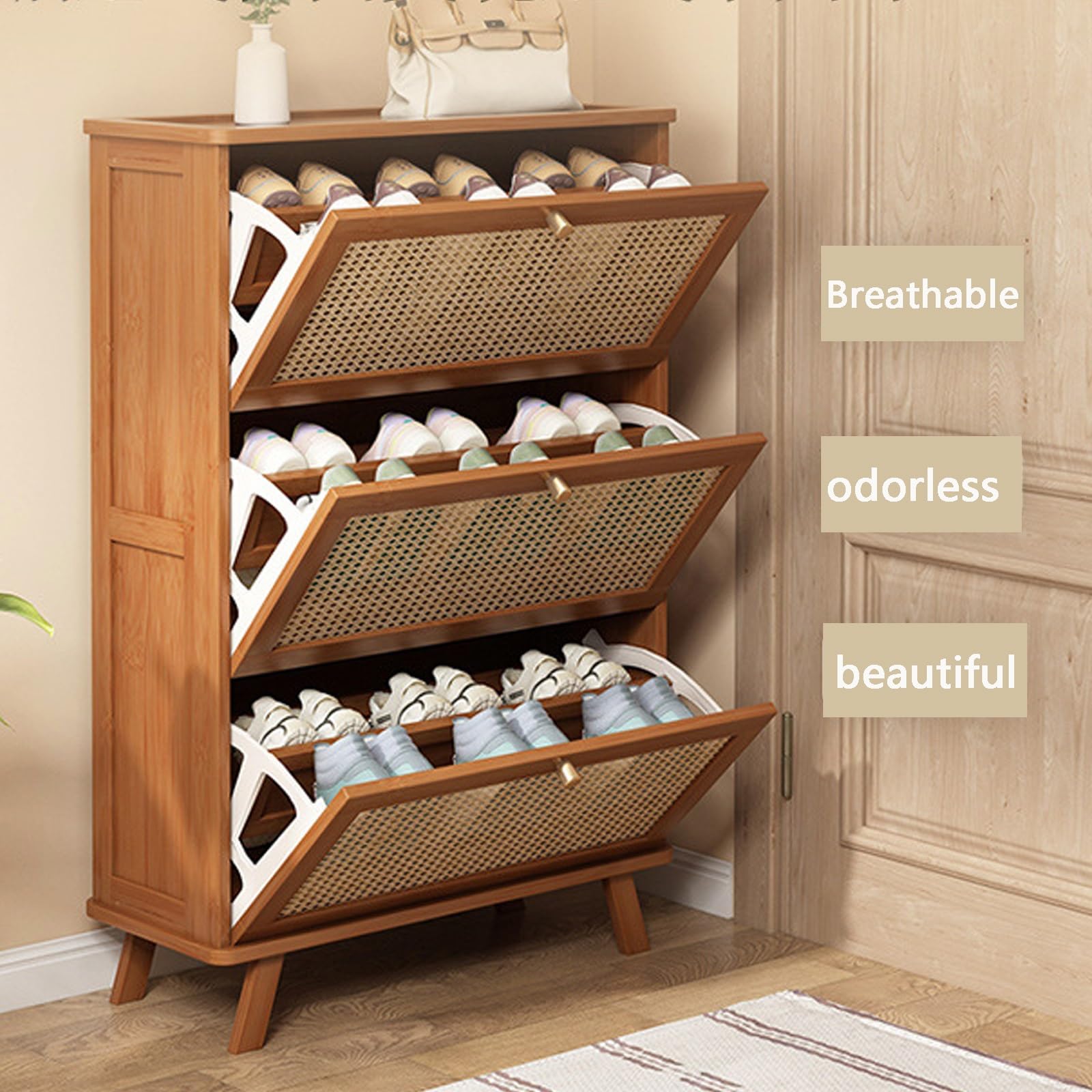 Mobiletto Porta Scarpe in Legno con 3 cassetti a ribalta, capacità 18-24 Paia, Ideale per Ingresso, Camera da Letto, Appartamento, Dimensioni 67x25x113 cm, Colore Legno.