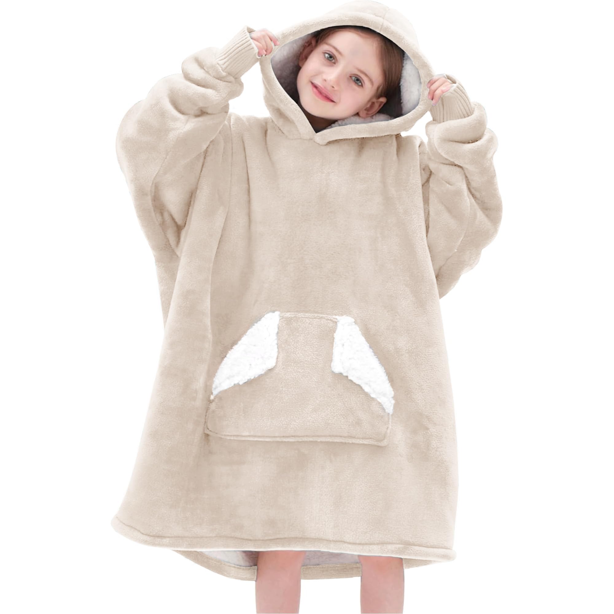 Touchat Wearable Blanket Hoodie, Oversized Sherpa Blanket Sweatshirt with Hood Pocket and Sleeves, Super Soft Warm Plush Hooded Blanket for Kids, One