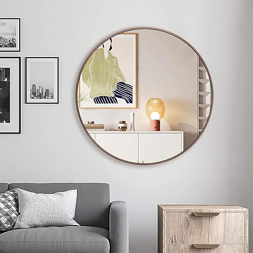 Miniatura 5 de Umzodo Espejo de pared circular de 30 pulgadas, espejo redondo con marco de metal de bronce cepillado para tocador de baño, decoración de