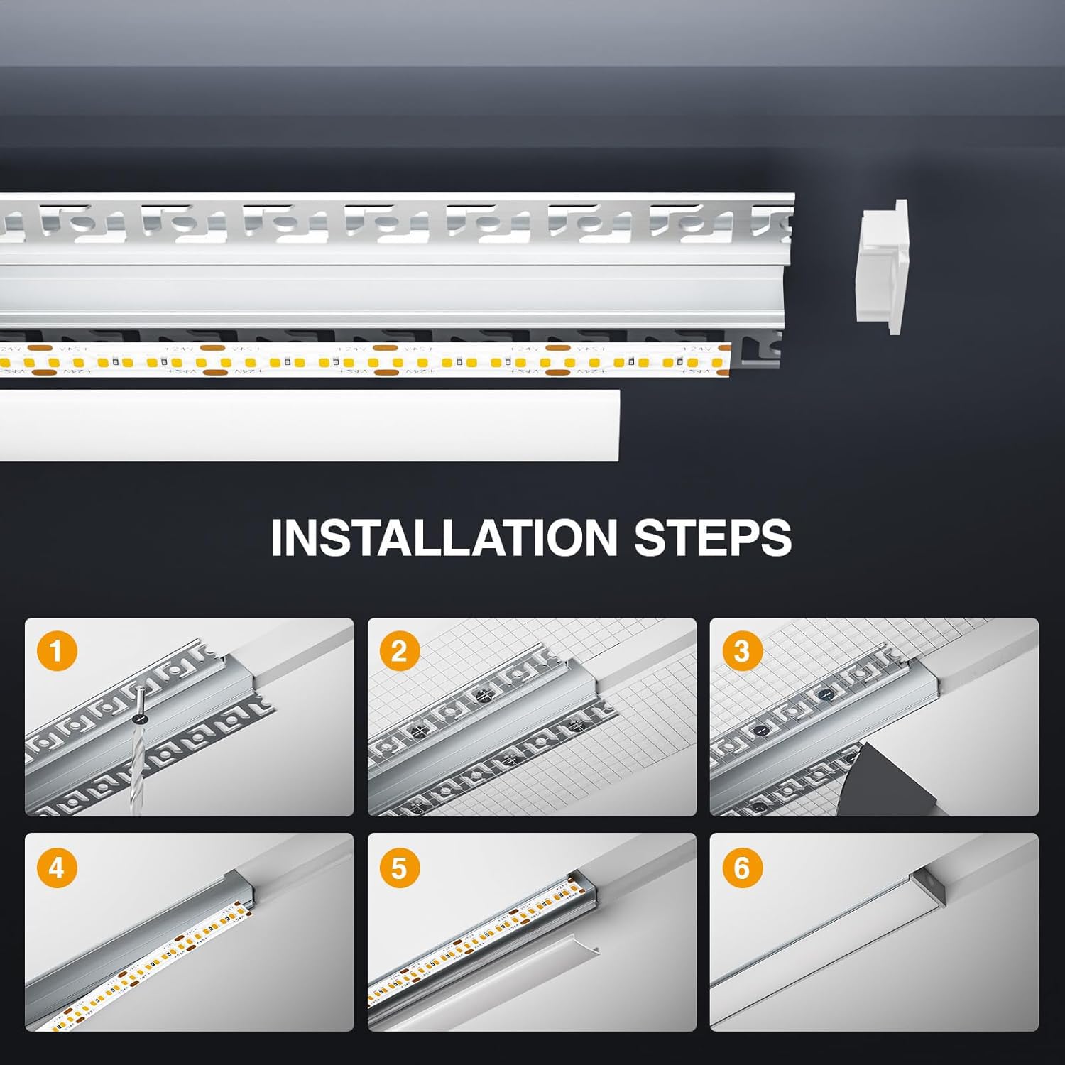 LED Aluminium Profil für Trockenbau 2 m (Gesamt 12 m), Led Schiene mit Endkappen für led Streifen bis 20mm, Gipskarton Profil mit Diffusor - 2000 x 64,2 x 13,8 mm