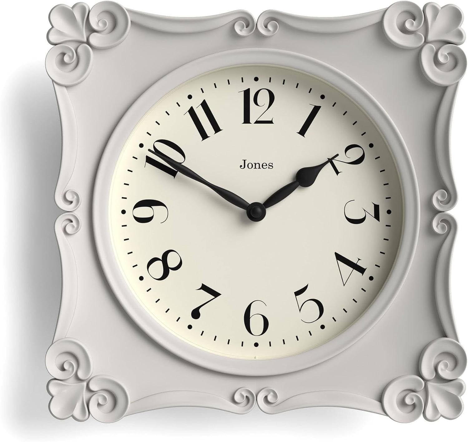 JONES CLOCKS® Rialto Wall Clock | Ornate Vintage Style Square Clock | 10 inch | Overcoat Gray | Ideal for The Living Room or Bedroom