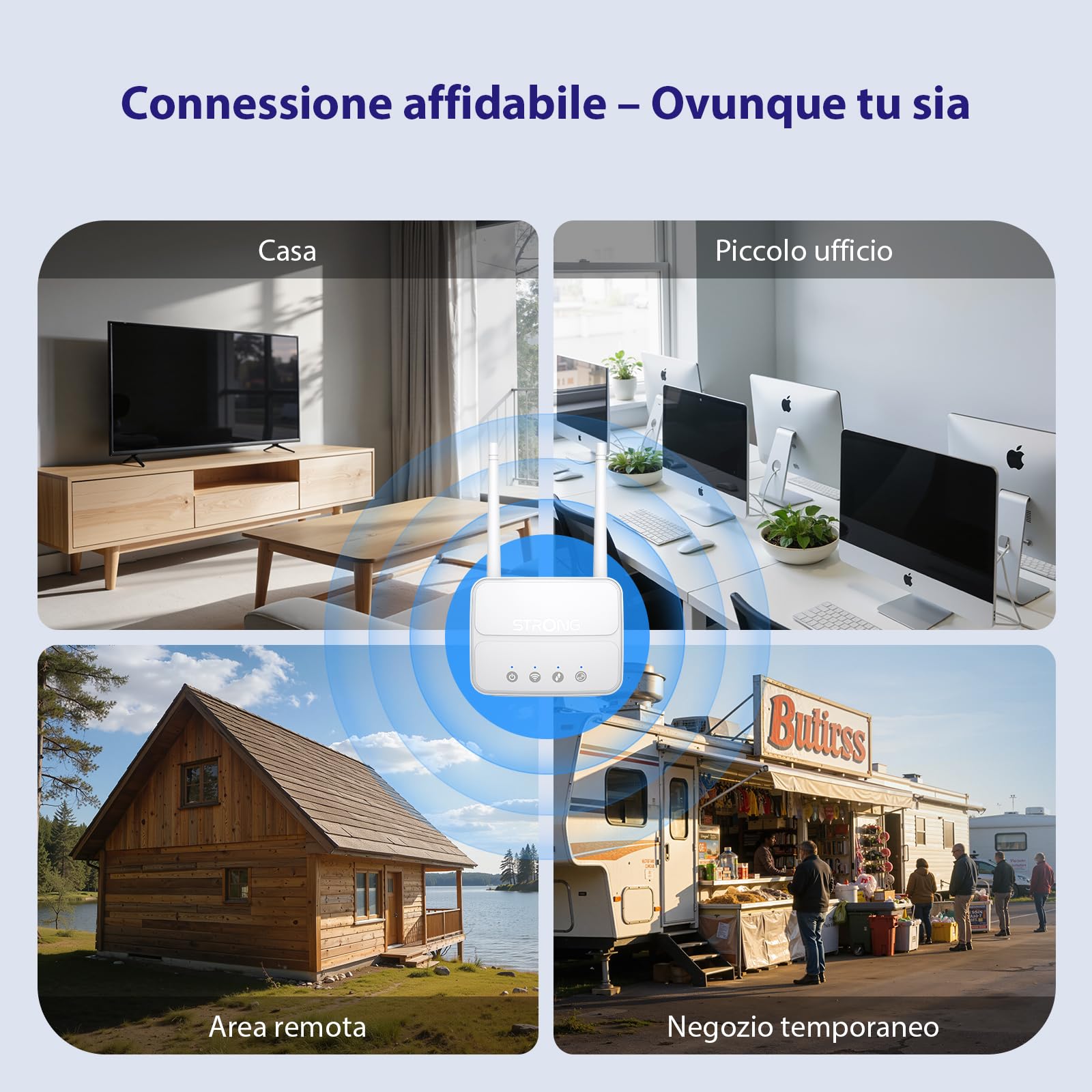 Strong Router WiFi N300 Mbps con SIM, Router 4G Cat4 LTE, Porta LAN 100 Mbps, Antenne Staccabili, Plug and Play, Supporta fino a 32 Dispositivi, USB 3.0, Rete Sicura (4GROUTER360M)