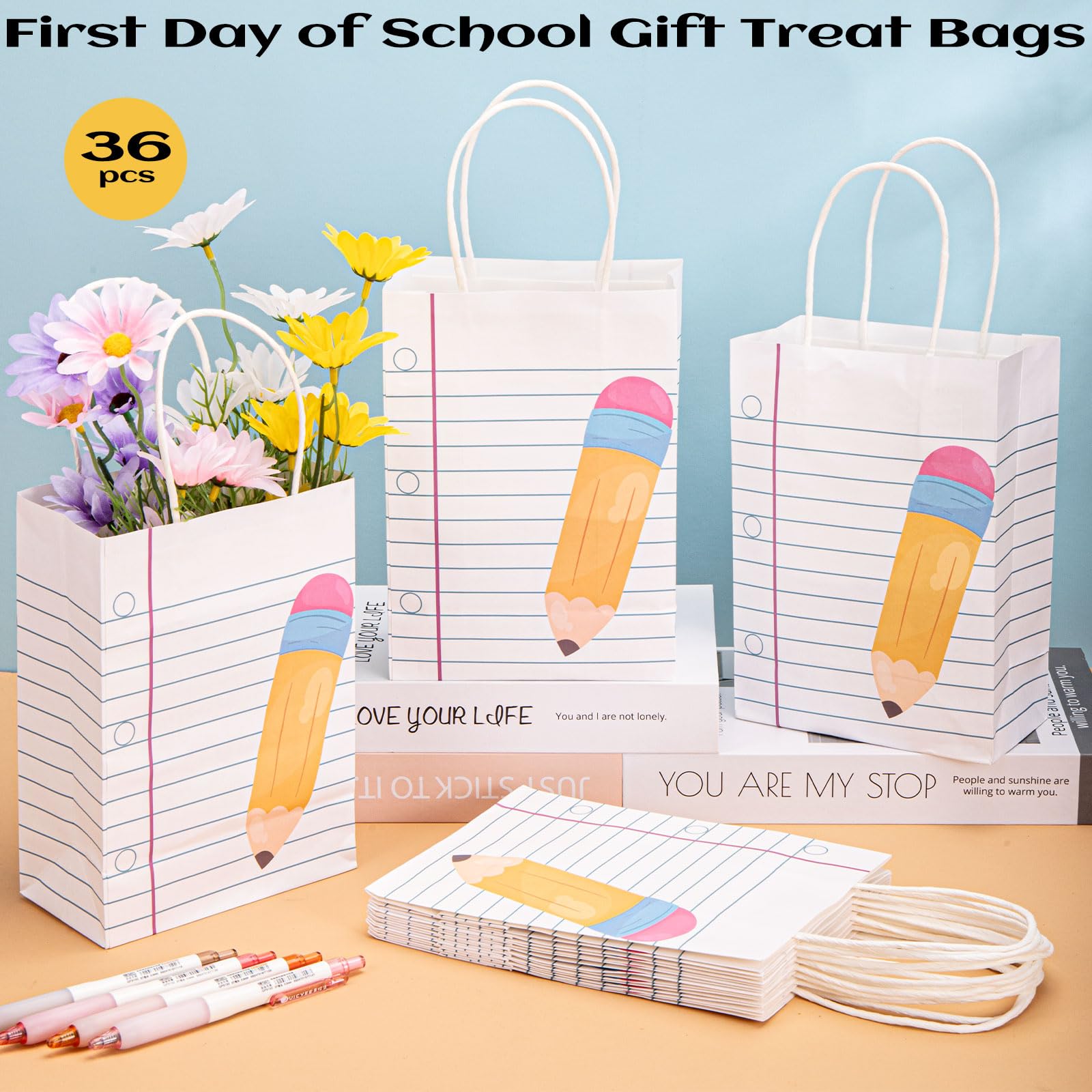 FOGWOWO 36Pcs Back to School Gift Bags Teacher Gift Bags Bulk School Gifts Bag with Handles,Pencil Notebook Line Teacher Appreciation Gifts End of Year Teacher Gifts Bags for Graduation Retirement Wrapping Supplies