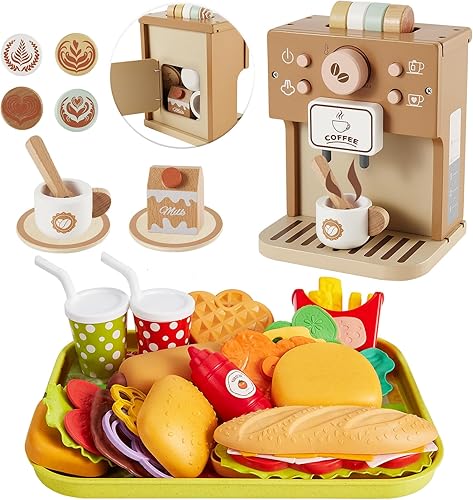 BUYGER Paquete de juguetes de comida rápida con juguete de cafetera, plástico y madera, accesorios de cocina, juego de café, regalos de juguete para