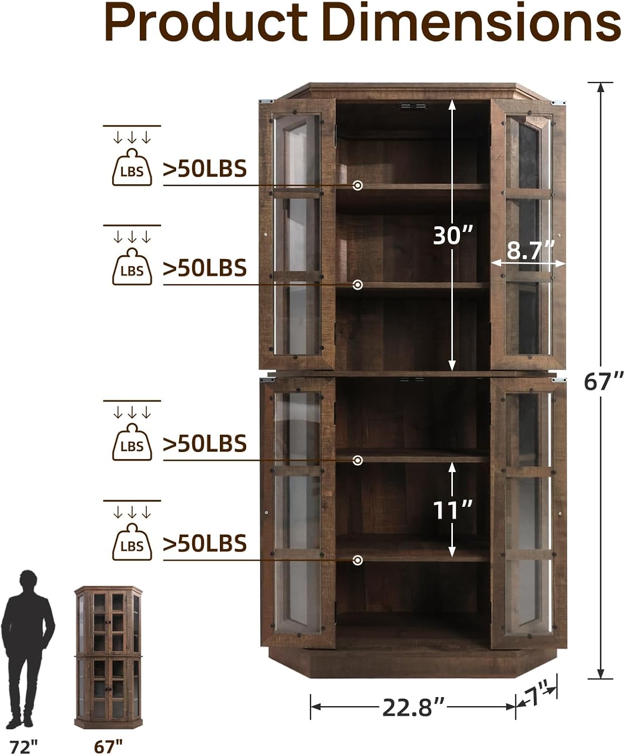 Farmhouse Corner Curio Cabinet - 67" Tall 6-Tier Glass-Door Storage Display Cabinet for China, Liquor & Collectibles | Living Room/Dining Room/Home Bar (Rustic Brown)