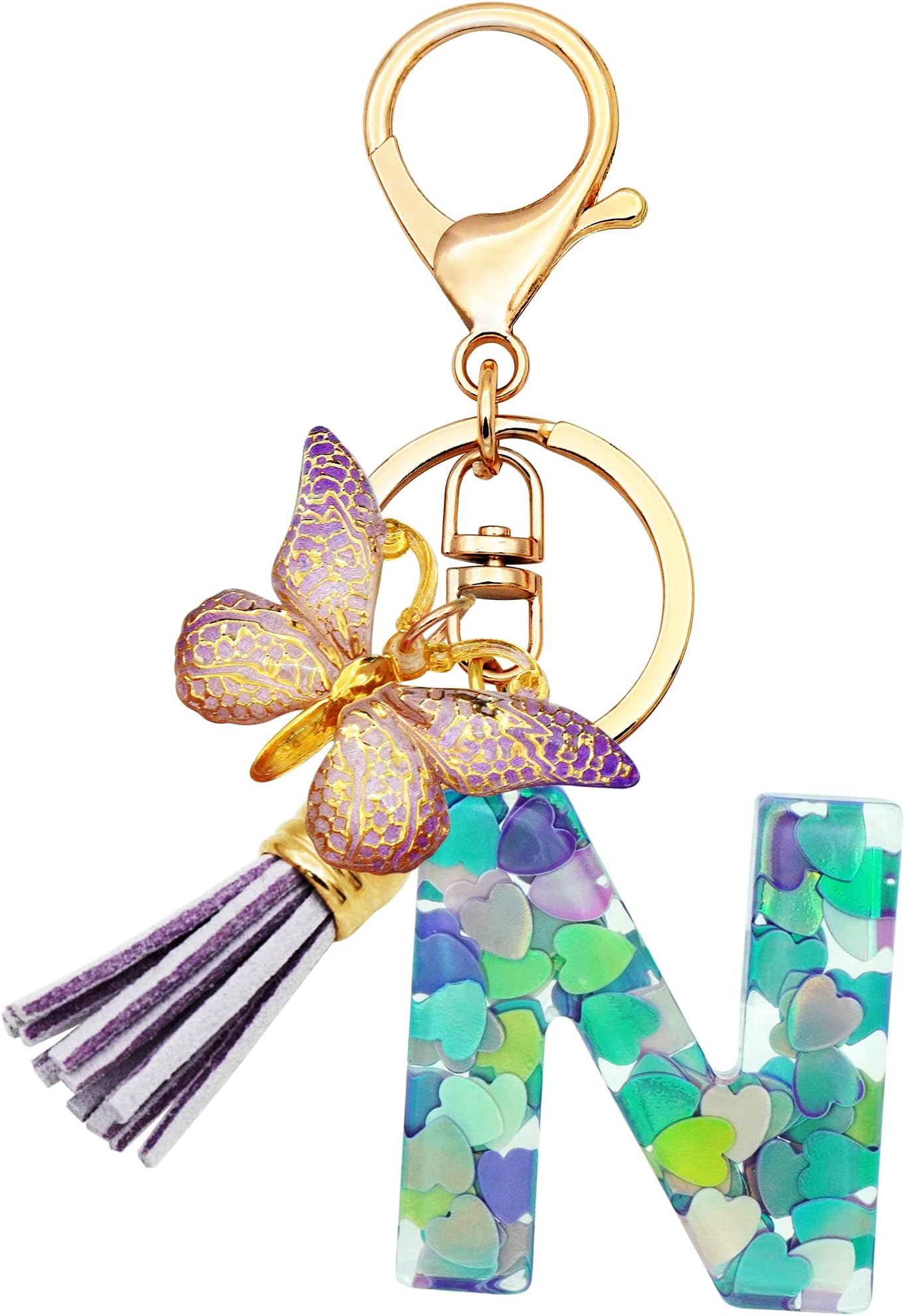 TTYY Initial Letter Keychains for Girls Women Pink Purple Green Cute Butterfly Heart Keychain for Backpack School Bag