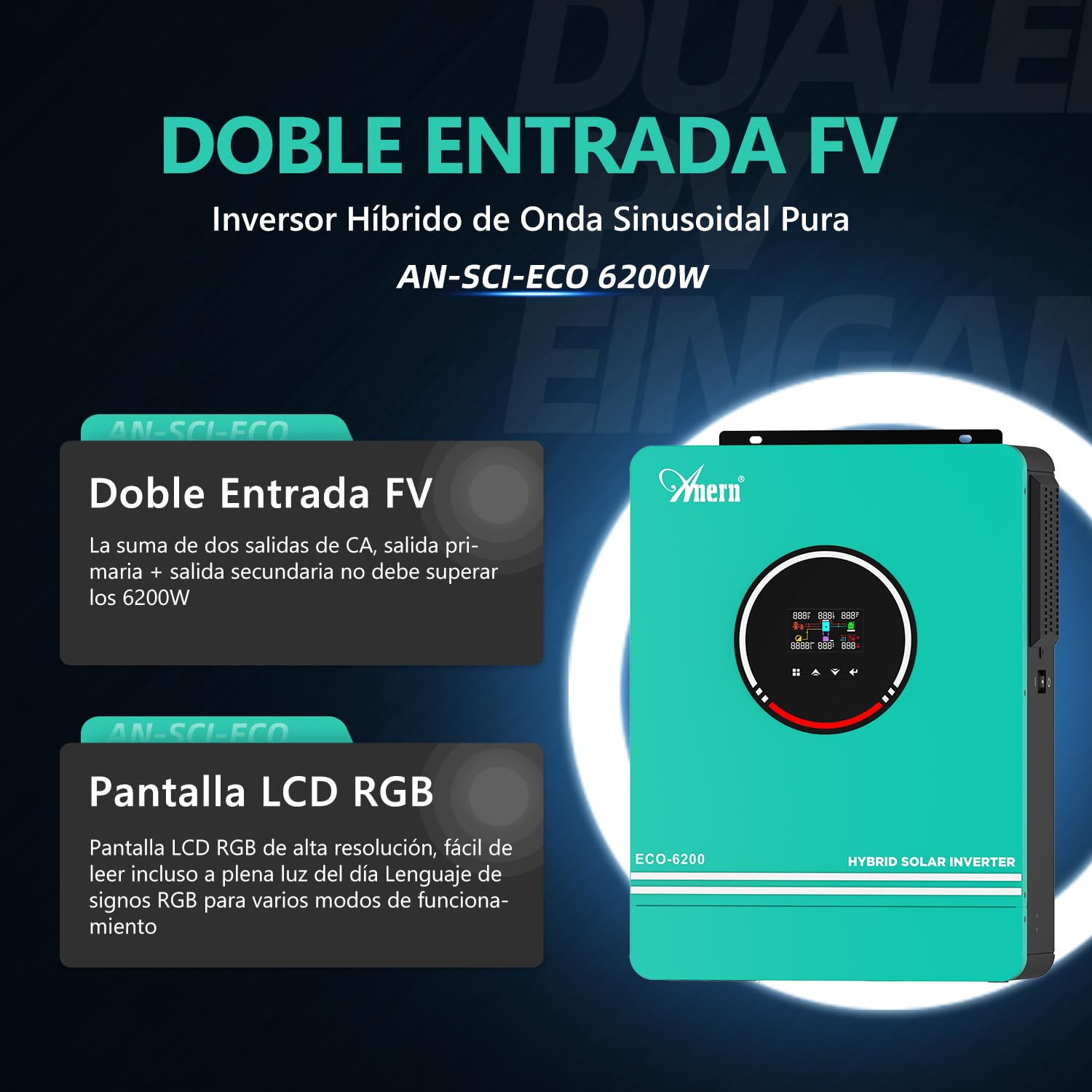 Anern 6.2KW Inversor Solar Híbrido DC 48V a AC 220/230V Sin Red con Módulo WiFi y Pantalla LCD Regulador Solar MPPT 120A, Entrada de PV Máx.500V, Inversor Híbrido Funciona con o Sin Pilas