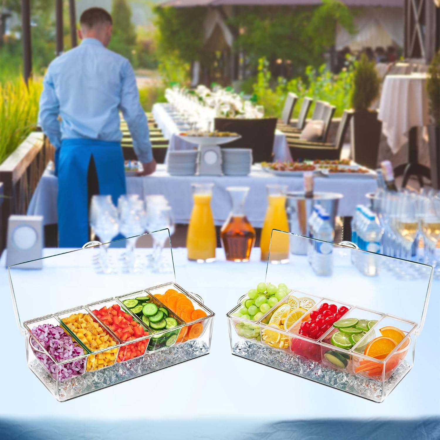 INNOVATIVE LIFE Bar Serving Tray on Ice with 5 Compartments Container, Fruit Trays for Serving, Garnish Platters with Lid, Chilled Condiment Server