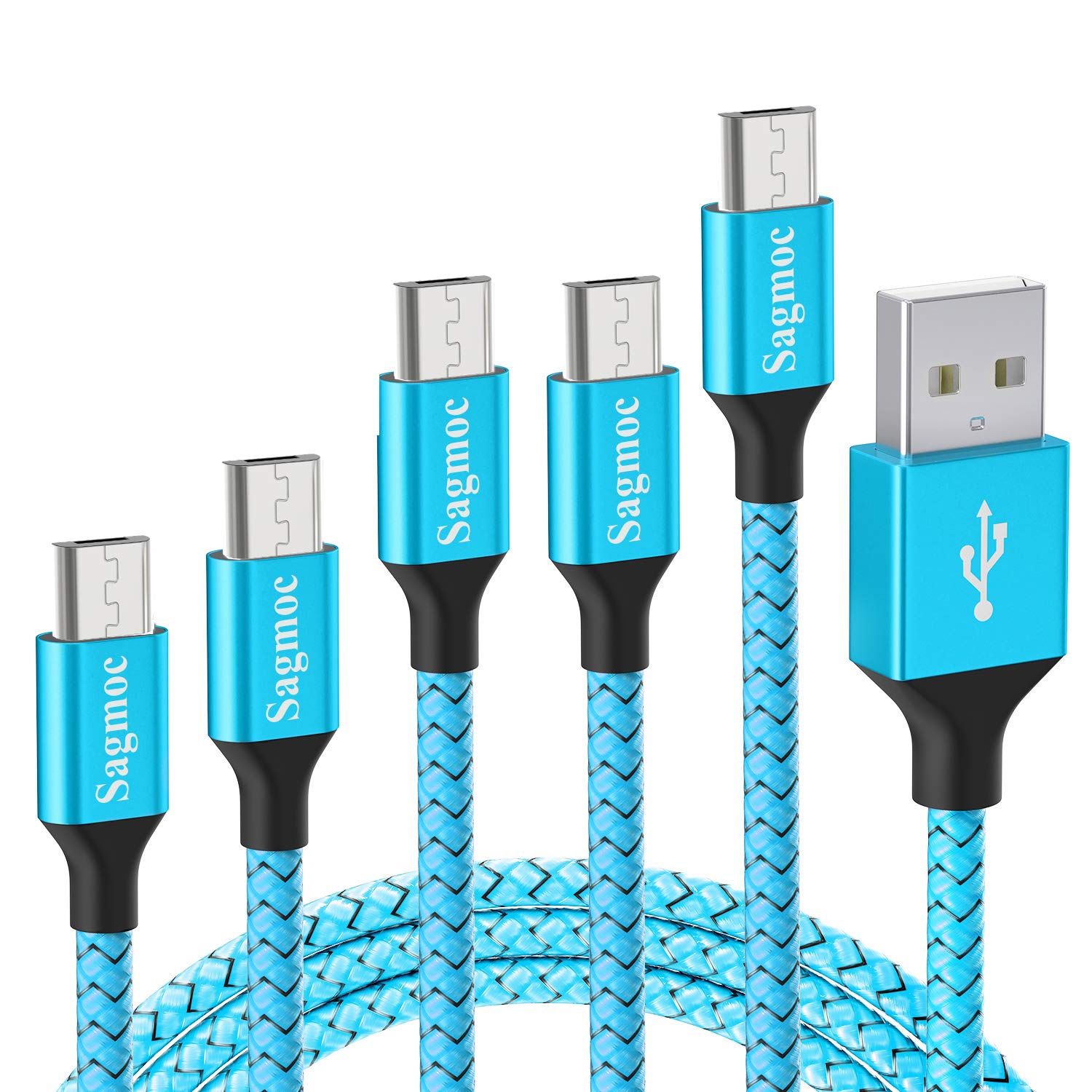 Micro USB Cable Android Charger Cord - Sagmoc 2019 Update Premium Nylon Braided Charging Cord【4+1 Pack】 10FT 2x6FT 3FT 2FT for Samsung, Nexus, LG, HTC, Nokia, Sony, Moto, HP, BlackBerry Small Blue