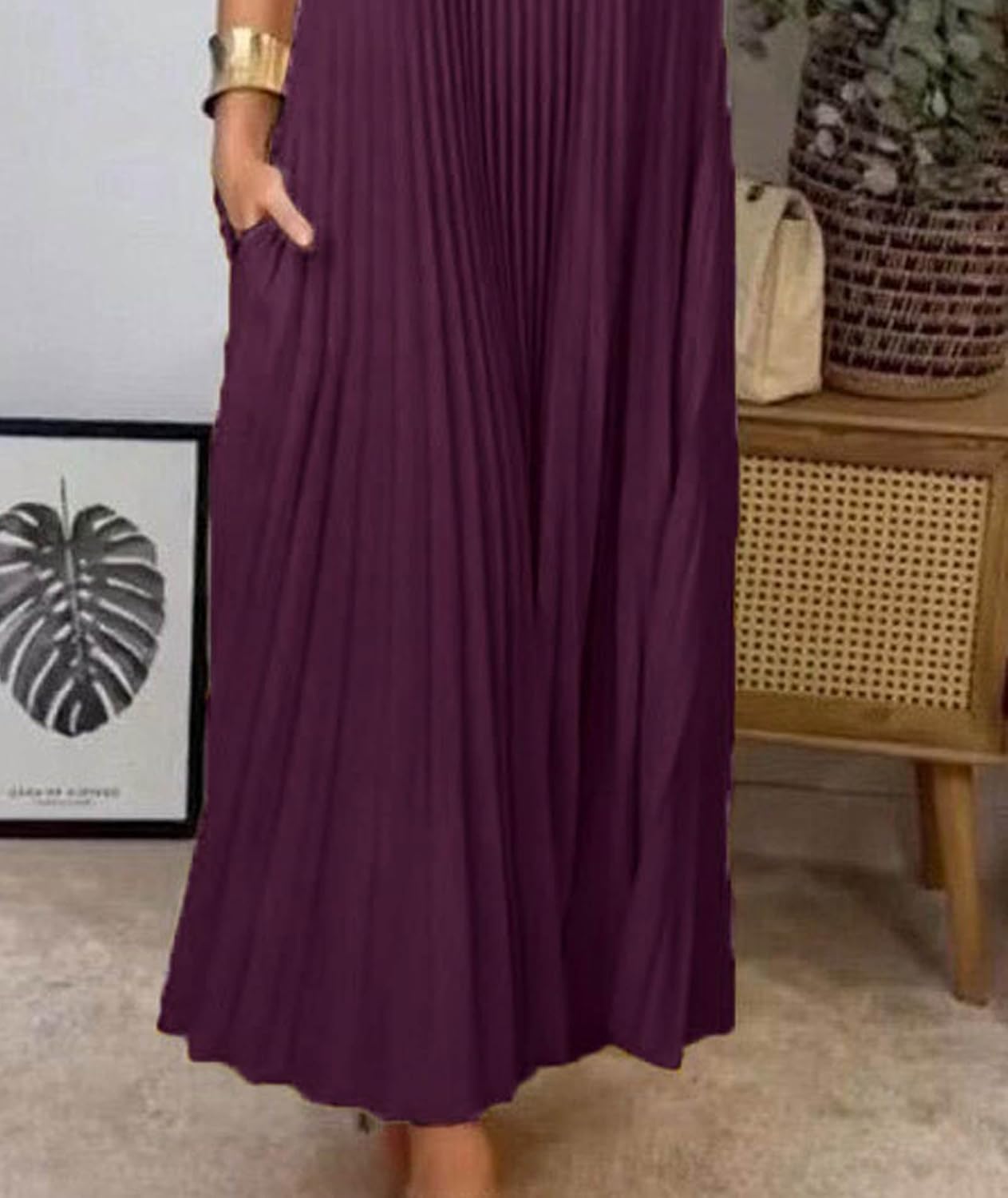 SEMATOMALA Women's Pleated Short Sleeve Maxi Dress Crewneck Loose Fit Flowy Swing Long Dress with Pockets - Image 4