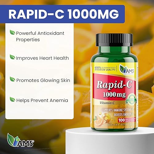 Miniatura 2 de America Medic & Science Rapid-C - Suplemento de vitamina C de 1000 mg (paquete de 5 100 tabletas), refuerzo de energía, apoyo diario del sistema