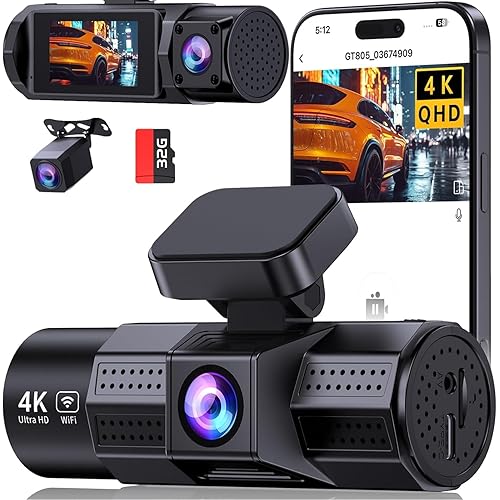 3 Channel 4K WiFi Dash Cam Front and Rear Inside,4K+1080P+1080P 170°Wide Angle WDR Night Vision Mini 3 Dash cam with App, G-Sensor, Loop Recording,Voice hint,24H Parking Mode, 32G SD Card Included