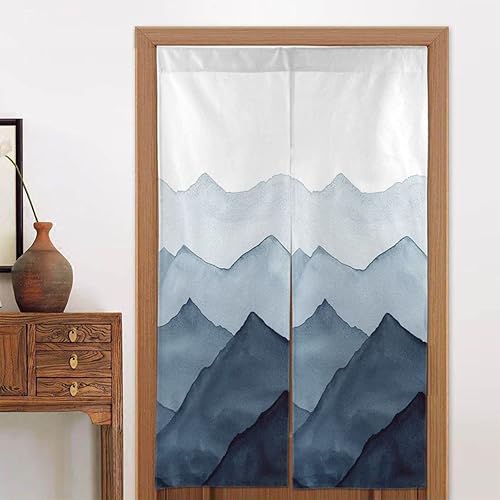 DUNHUANG Cortina japonesa Noren personalizada para puerta, diseño abstracto de acuarela azul índigo con ondas, montañas sobre fondo blanco, panel de